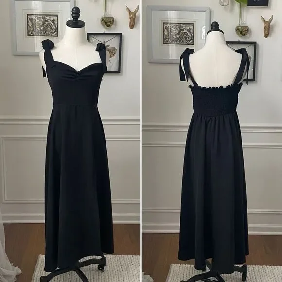 SHEIN Black Shoulder Tie Midi Dress Smocked Back M 6 - Picture 1 of 8
